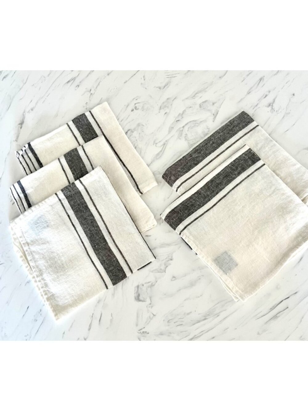 Set Of 5 French Black & White Striped 100% Linen Napkins Stonewash Farmhouse NWT